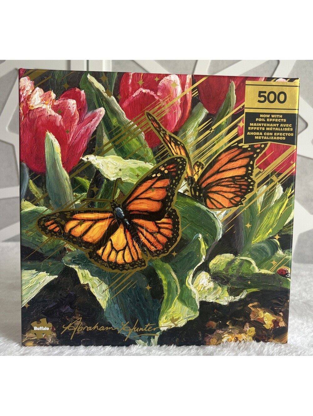 ABRAHAM HUNTER Spring Tulips with Butterflies 500pc Buffalo Gold Foil Puzzle